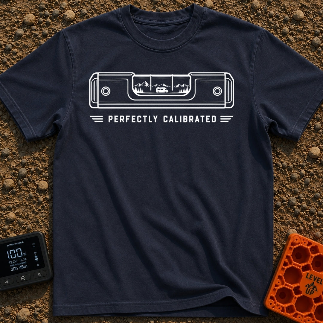 Living On The Level - T-Shirt in Navy - A white line drawing of a spirit level on a black background. Inside the center...