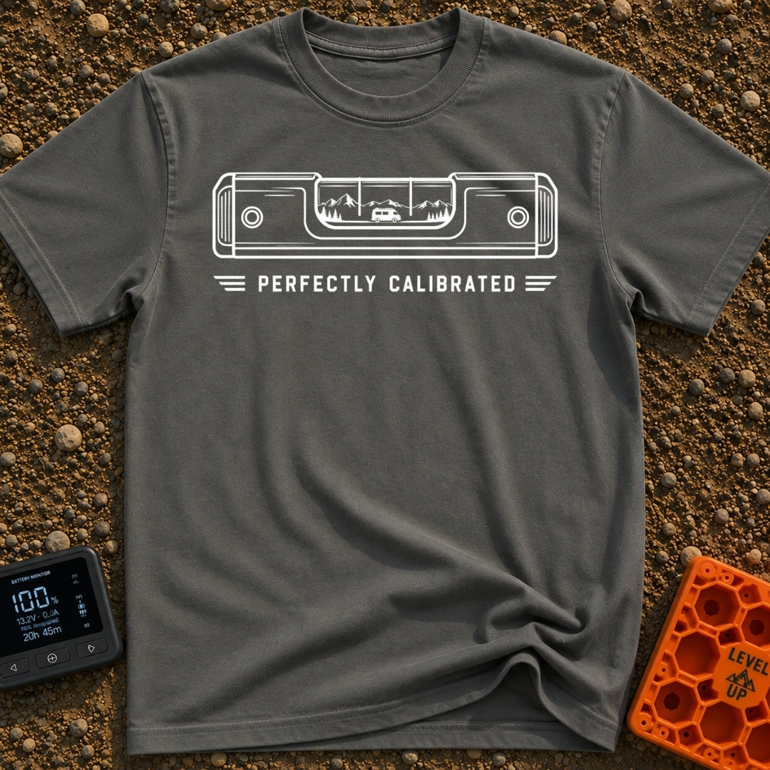 Living On The Level - T-Shirt in Pepper - A white line drawing of a spirit level on a black background. Inside the center...