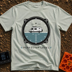 Adjust Your Attitude - T-Shirt in Bay - The artwork features an aircraft-style attitude indicator gauge with a camper van...