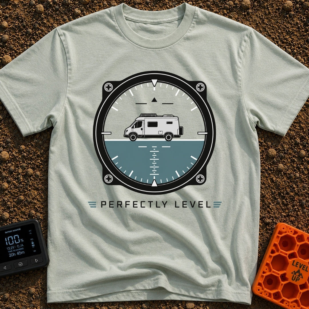 Adjust Your Attitude - T-Shirt in Bay - The artwork features an aircraft-style attitude indicator gauge with a camper van...