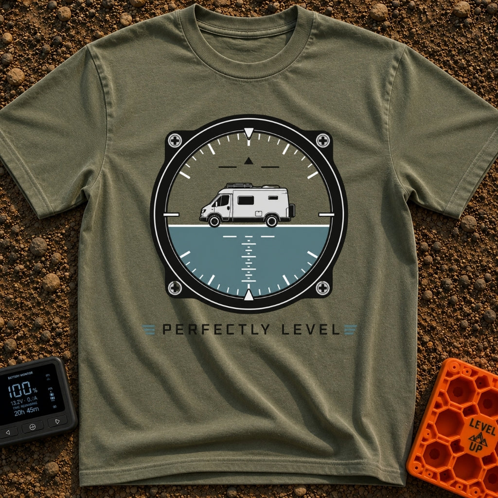 Adjust Your Attitude - T-Shirt in Moss - The artwork features an aircraft-style attitude indicator gauge with a camper...