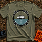 Adjust Your Attitude - T-Shirt in Moss - The artwork features an aircraft-style attitude indicator gauge with a camper...