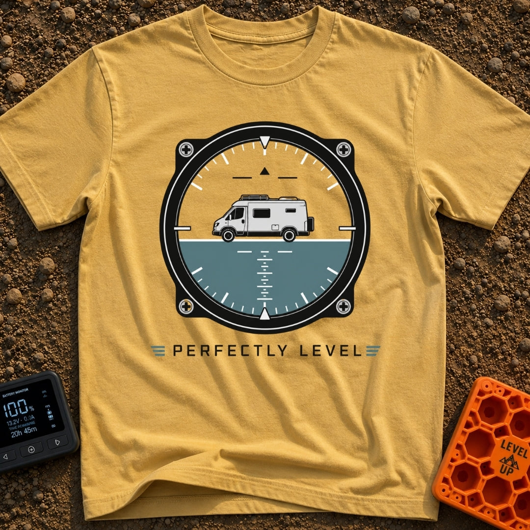 Adjust Your Attitude - T-Shirt in Mustard - The artwork features an aircraft-style attitude indicator gauge with a camper...