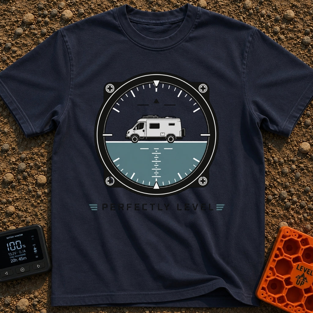 Adjust Your Attitude - T-Shirt in Navy - The artwork features an aircraft-style attitude indicator gauge with a camper...