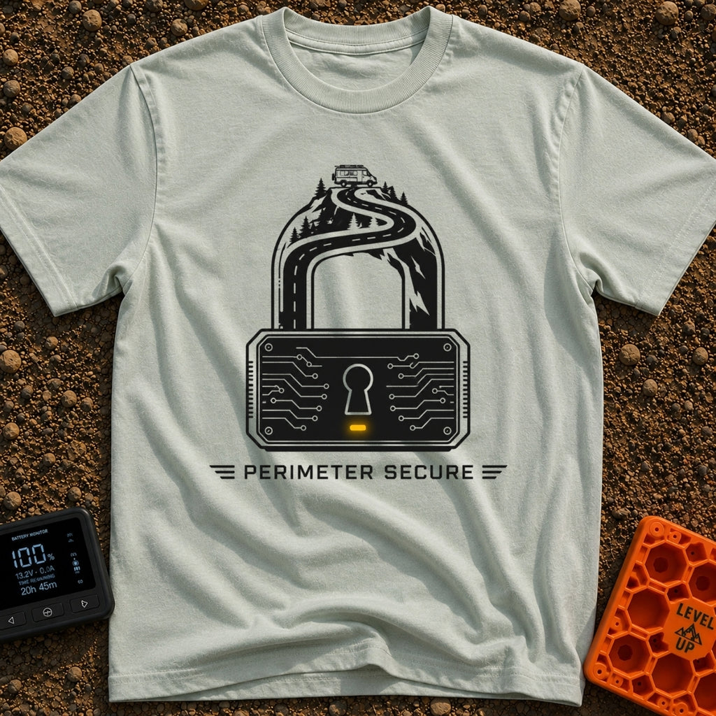 Secure The Perimeter - T-Shirt in Bay - A black and white illustration shaped like a padlock, where the shackle is formed...