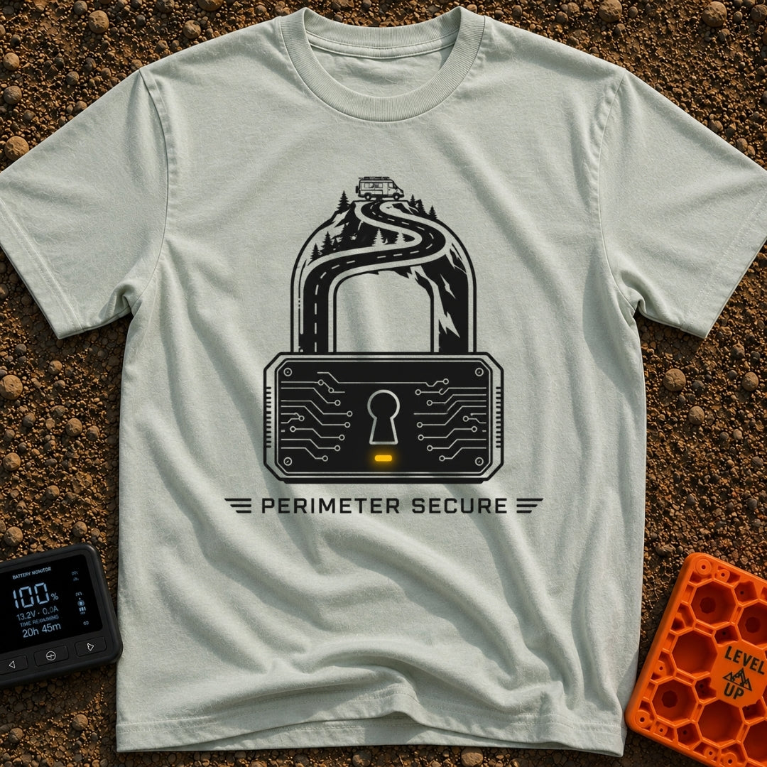 Secure The Perimeter - T-Shirt in Bay - A black and white illustration shaped like a padlock, where the shackle is formed...