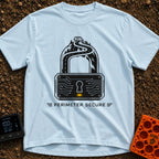 Secure The Perimeter - T-Shirt in Chambray - A black and white illustration shaped like a padlock, where the shackle is...