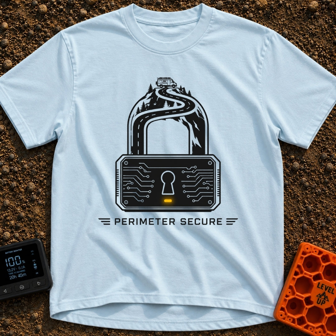 Secure The Perimeter - T-Shirt in Chambray - A black and white illustration shaped like a padlock, where the shackle is...