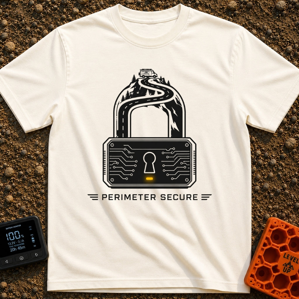 Secure The Perimeter - T-Shirt in Ivory - A black and white illustration shaped like a padlock, where the shackle is...