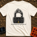 Secure The Perimeter - T-Shirt in Ivory - A black and white illustration shaped like a padlock, where the shackle is...