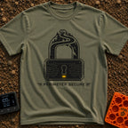 Secure The Perimeter - T-Shirt in Moss - A black and white illustration shaped like a padlock, where the shackle is...