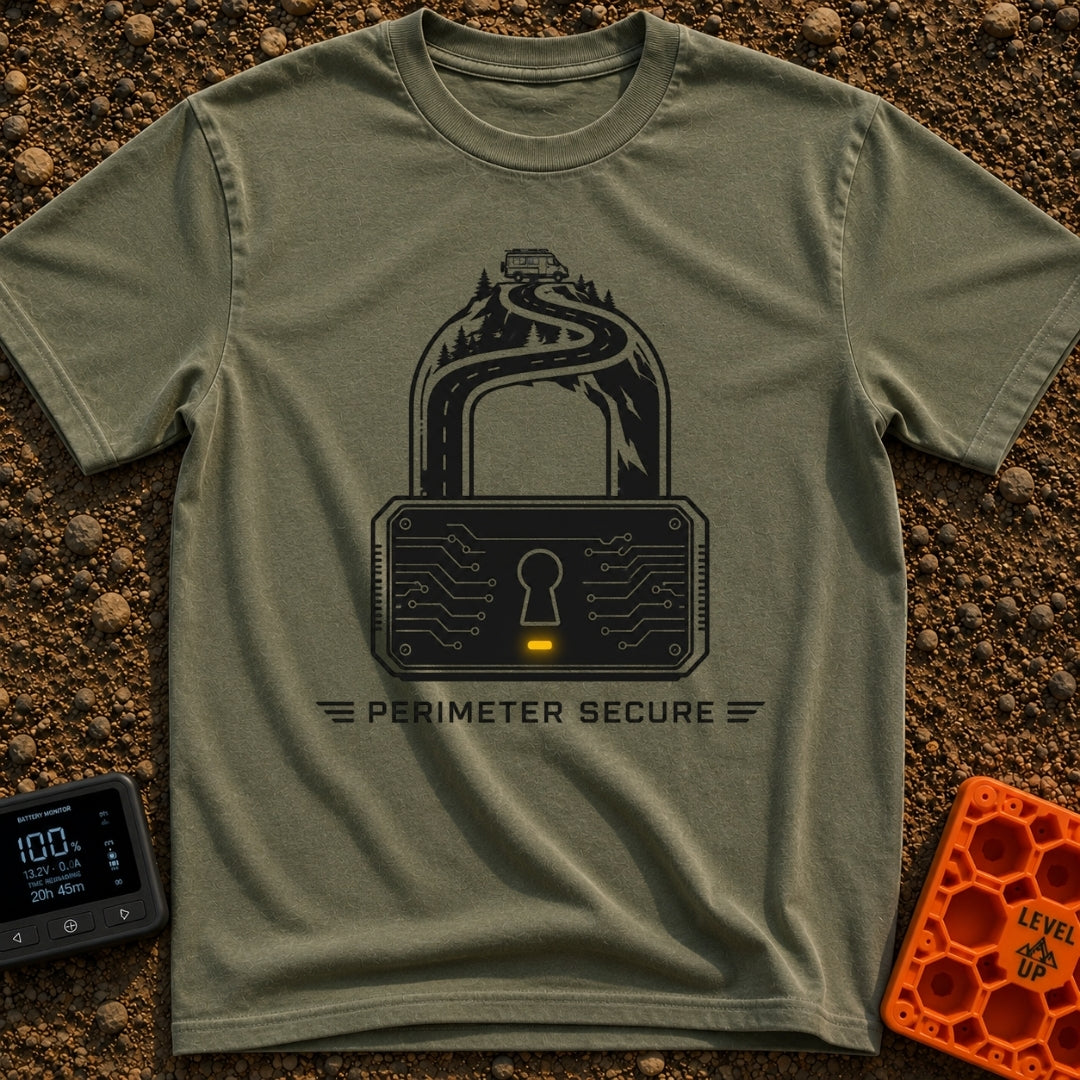 Secure The Perimeter - T-Shirt in Moss - A black and white illustration shaped like a padlock, where the shackle is...