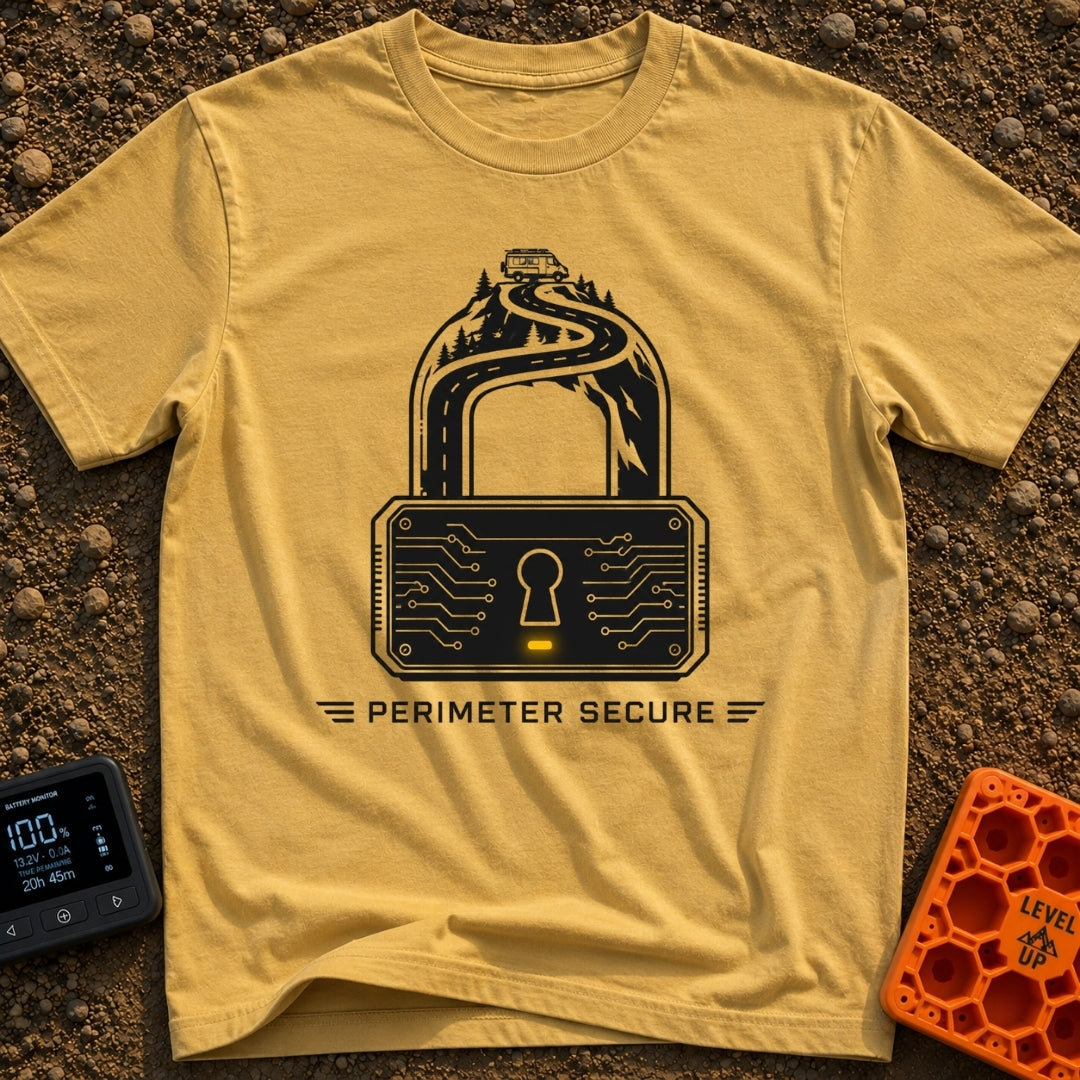 Secure The Perimeter - T-Shirt in Mustard - A black and white illustration shaped like a padlock, where the shackle is...