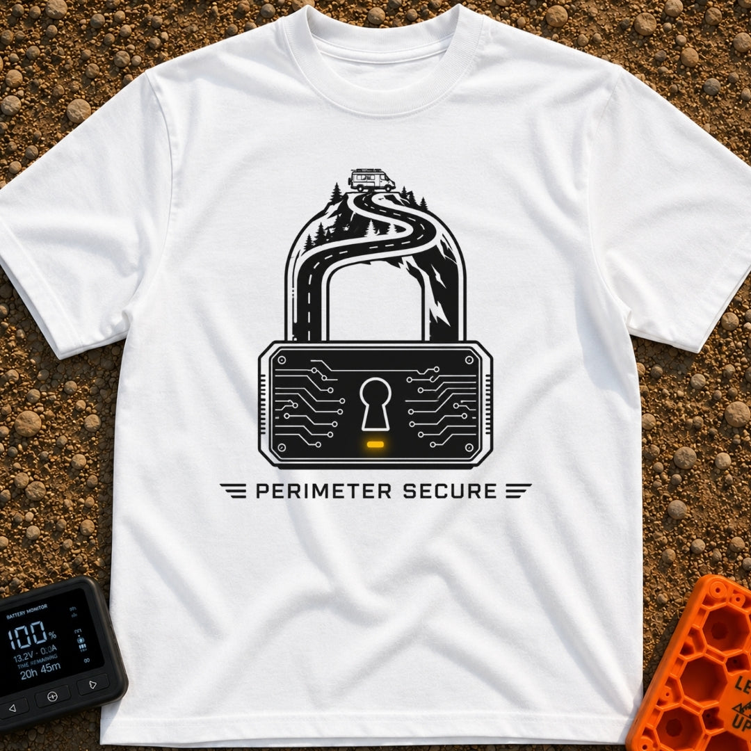 Secure The Perimeter - T-Shirt in White - A black and white illustration shaped like a padlock, where the shackle is...