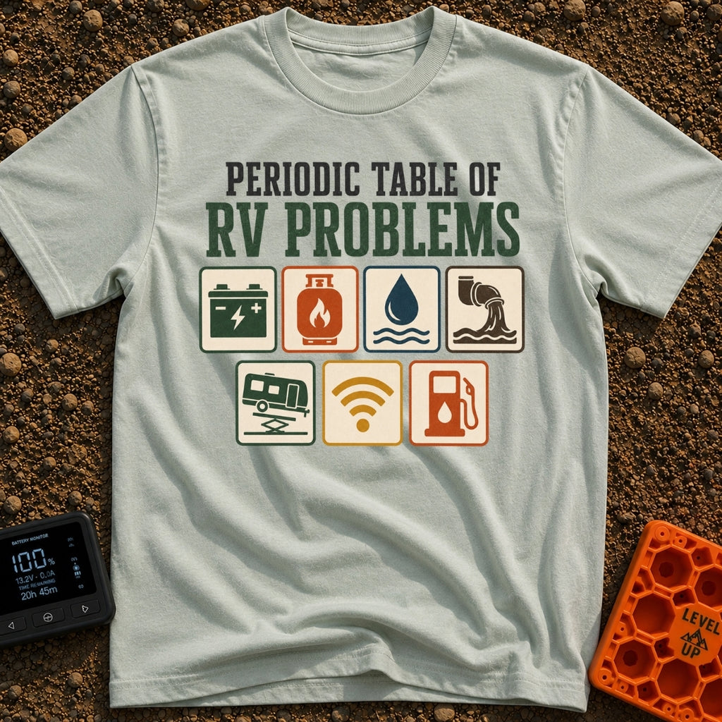 Elements Of RV Chaos - T-Shirt in Bay - The design features the text "PERIODIC TABLE OF RV PROBLEMS" above seven square...