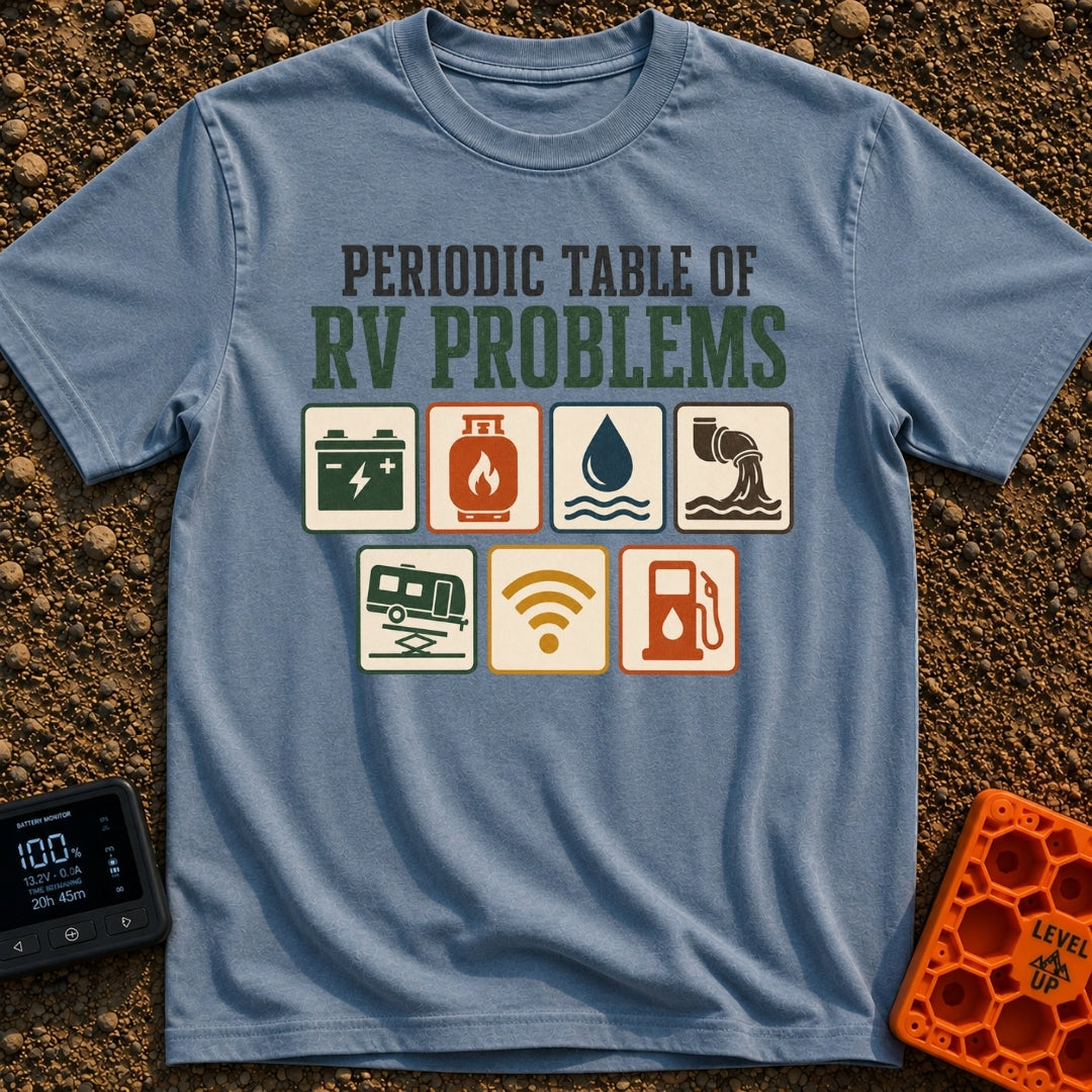 Elements Of RV Chaos - T-Shirt in Blue Jean - The design features the text "PERIODIC TABLE OF RV PROBLEMS" above seven...