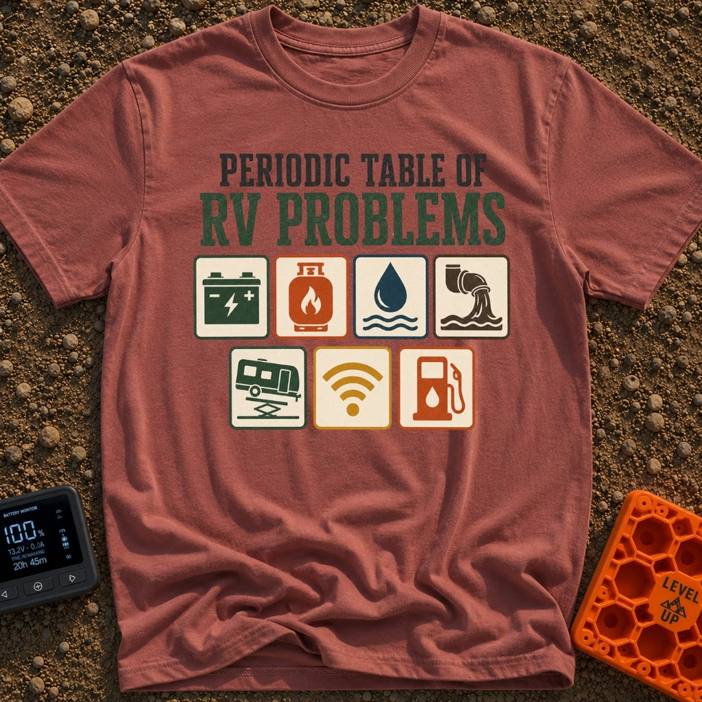 Elements Of RV Chaos - T-Shirt in Brick - The design features the text "PERIODIC TABLE OF RV PROBLEMS" above seven square...