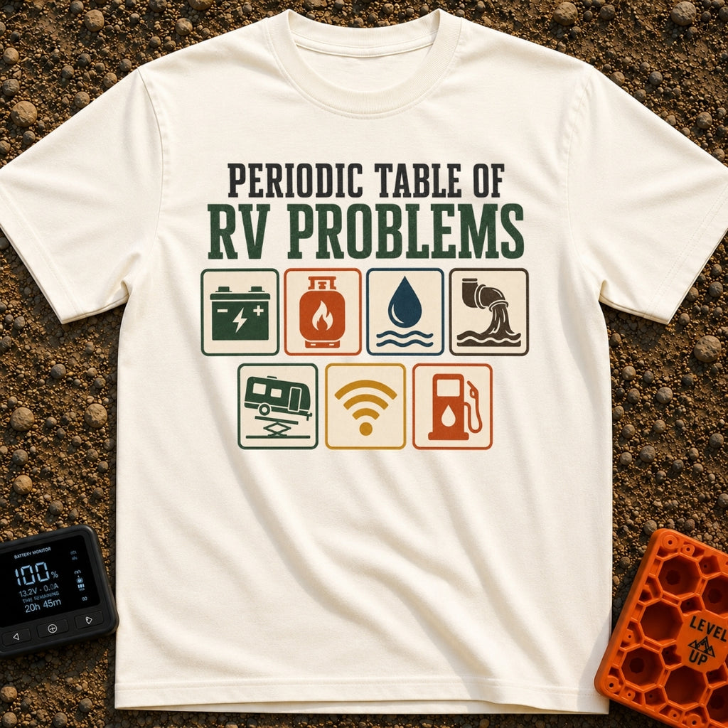 Elements Of RV Chaos - T-Shirt in Ivory - The design features the text "PERIODIC TABLE OF RV PROBLEMS" above seven square...