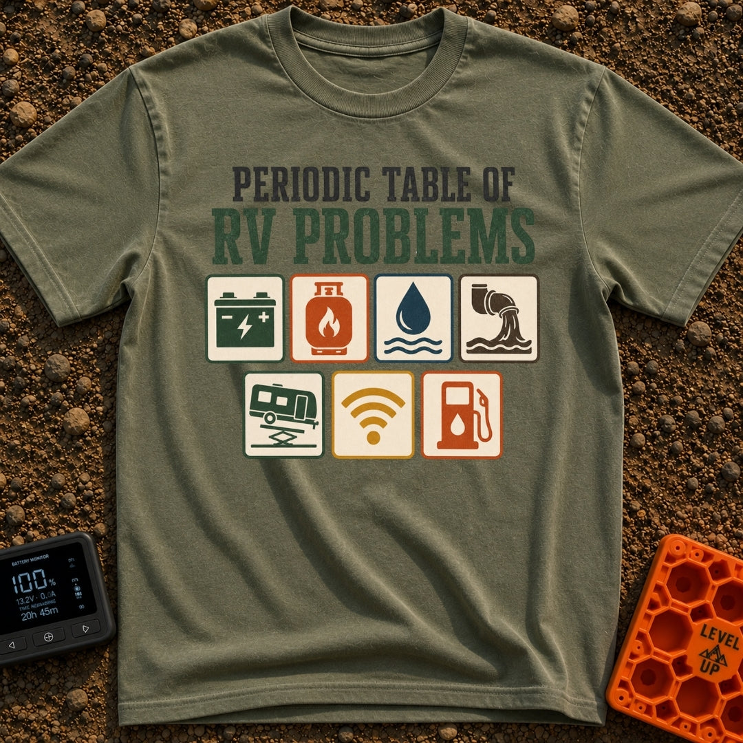 Elements Of RV Chaos - T-Shirt in Moss - The design features the text "PERIODIC TABLE OF RV PROBLEMS" above seven square...