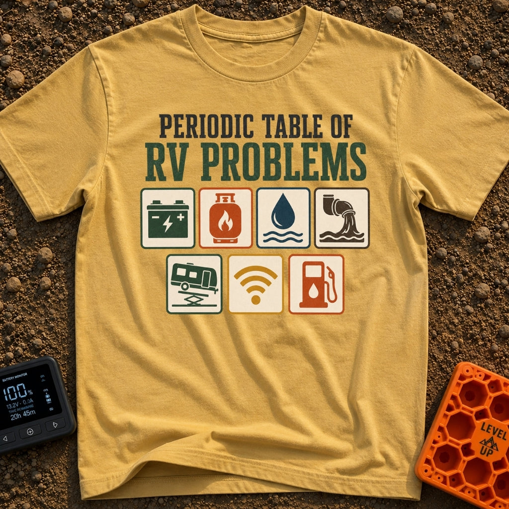 Elements Of RV Chaos - T-Shirt in Mustard - The design features the text "PERIODIC TABLE OF RV PROBLEMS" above seven...