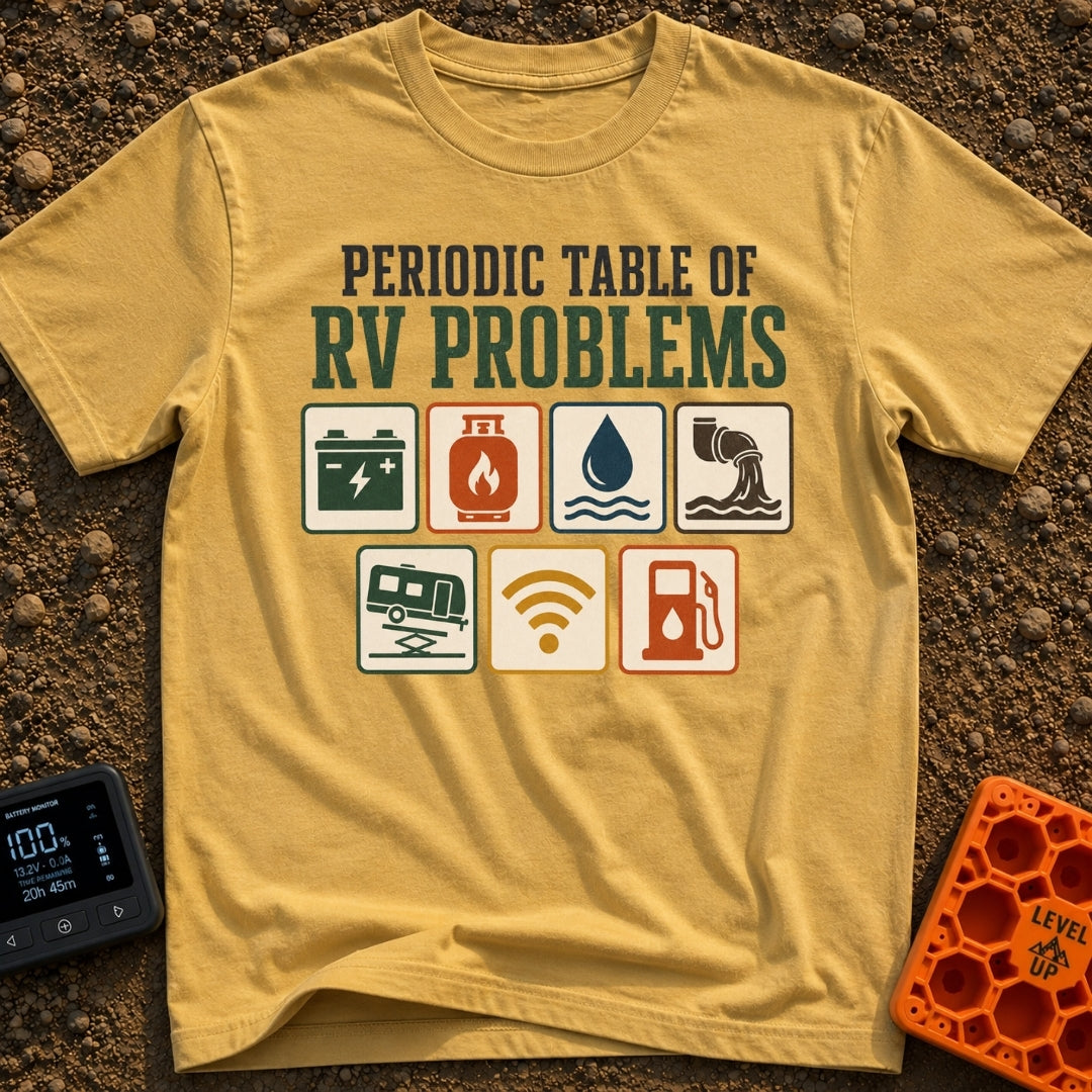 Elements Of RV Chaos - T-Shirt in Mustard - The design features the text "PERIODIC TABLE OF RV PROBLEMS" above seven...
