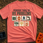 Elements Of RV Chaos - T-Shirt in Watermelon - The design features the text "PERIODIC TABLE OF RV PROBLEMS" above seven...