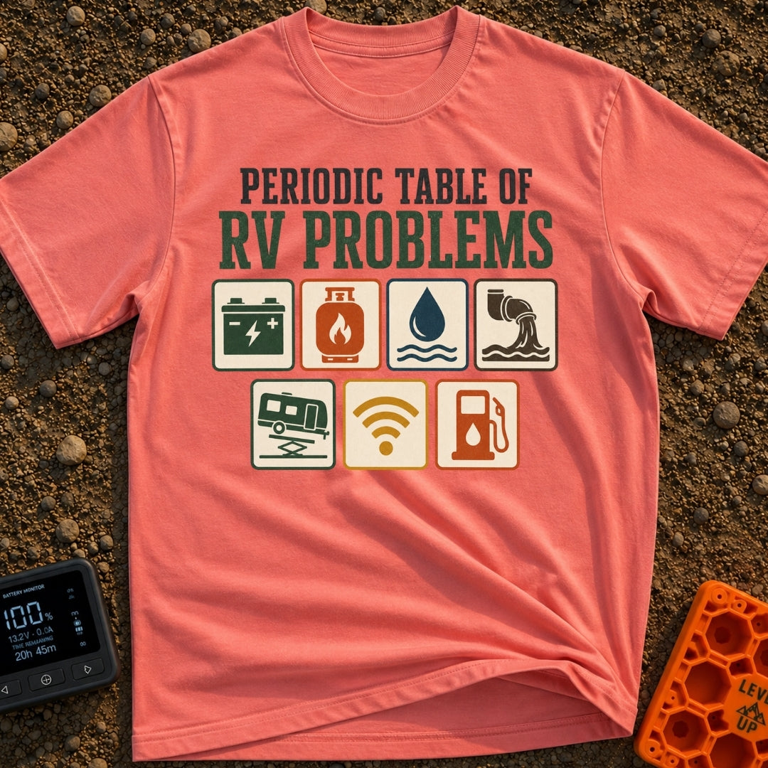 Elements Of RV Chaos - T-Shirt in Watermelon - The design features the text "PERIODIC TABLE OF RV PROBLEMS" above seven...