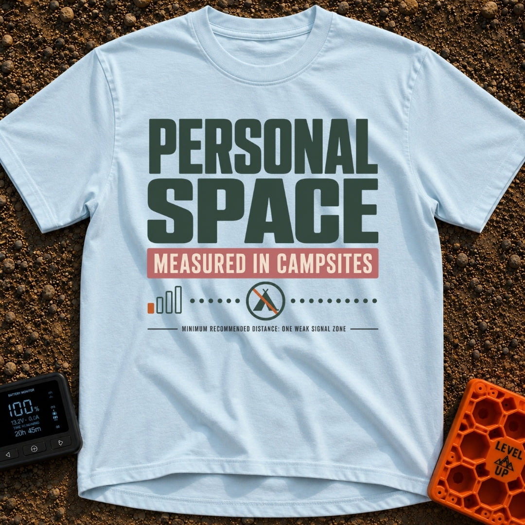 Measured In Campsites - T-Shirt in Chambray - The design features large text reading "PERSONAL SPACE" and "MEASURED IN...