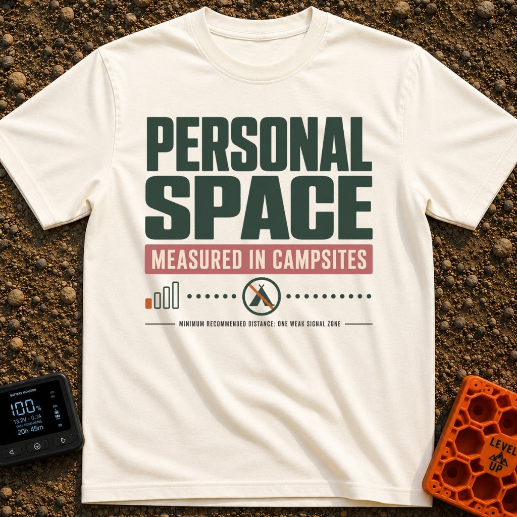 Measured In Campsites - T-Shirt in Ivory - The design features large text reading "PERSONAL SPACE" and "MEASURED IN...