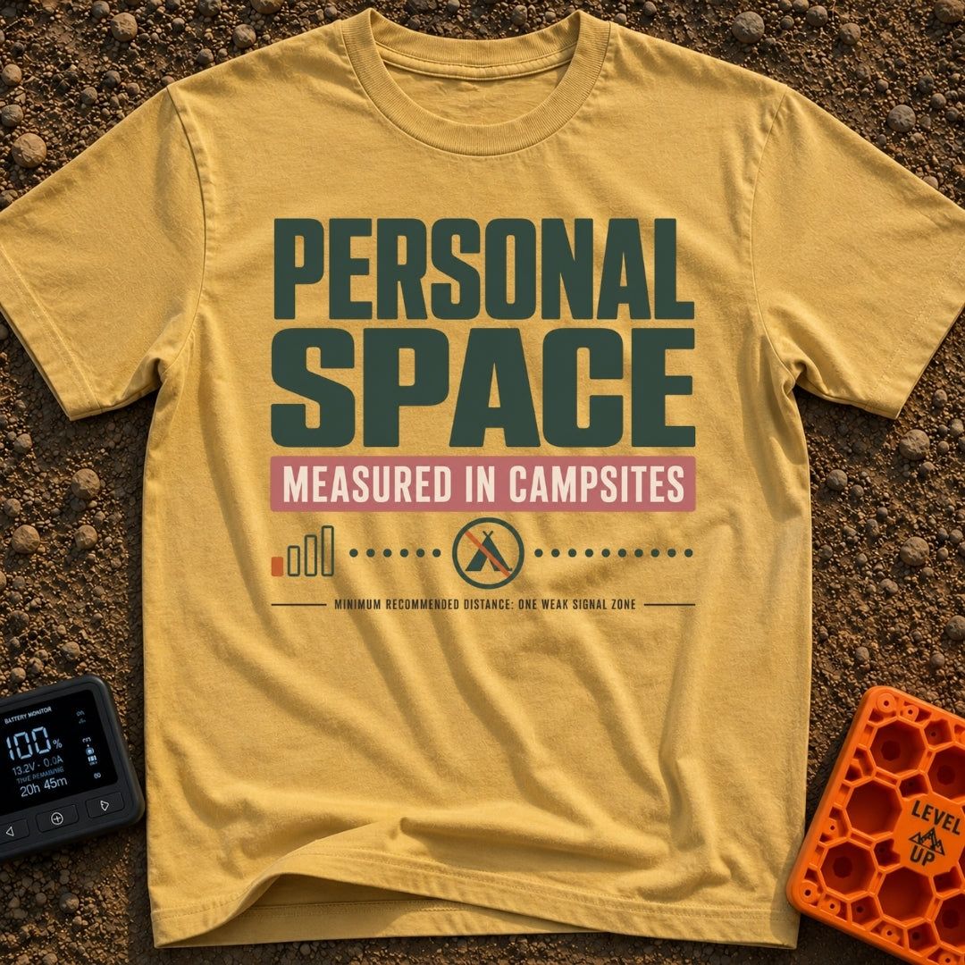 Measured In Campsites - T-Shirt in Mustard - The design features large text reading "PERSONAL SPACE" and "MEASURED IN...