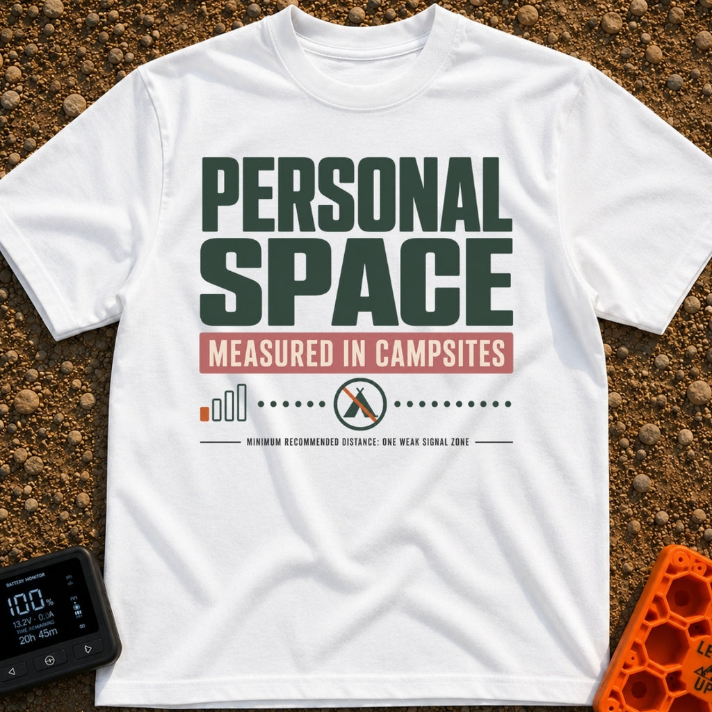 Measured In Campsites - T-Shirt in White - The design features large text reading "PERSONAL SPACE" and "MEASURED IN...