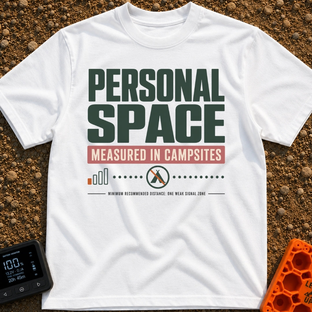 Measured In Campsites - T-Shirt in White - The design features large text reading "PERSONAL SPACE" and "MEASURED IN...