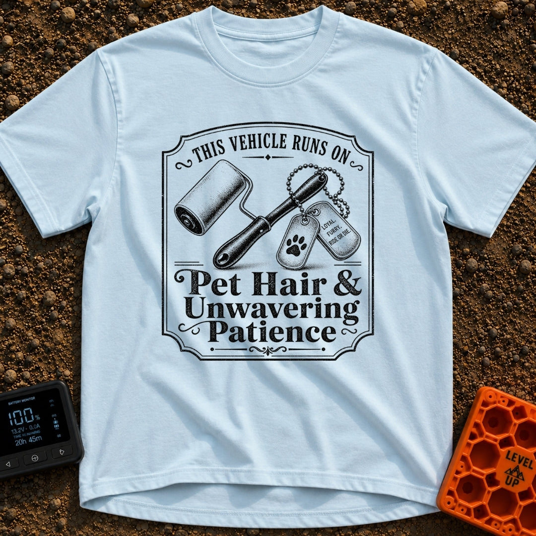 Powered By Pet Hair - T-Shirt in Chambray - A vintage-style black and white illustration featuring a lint roller next to...