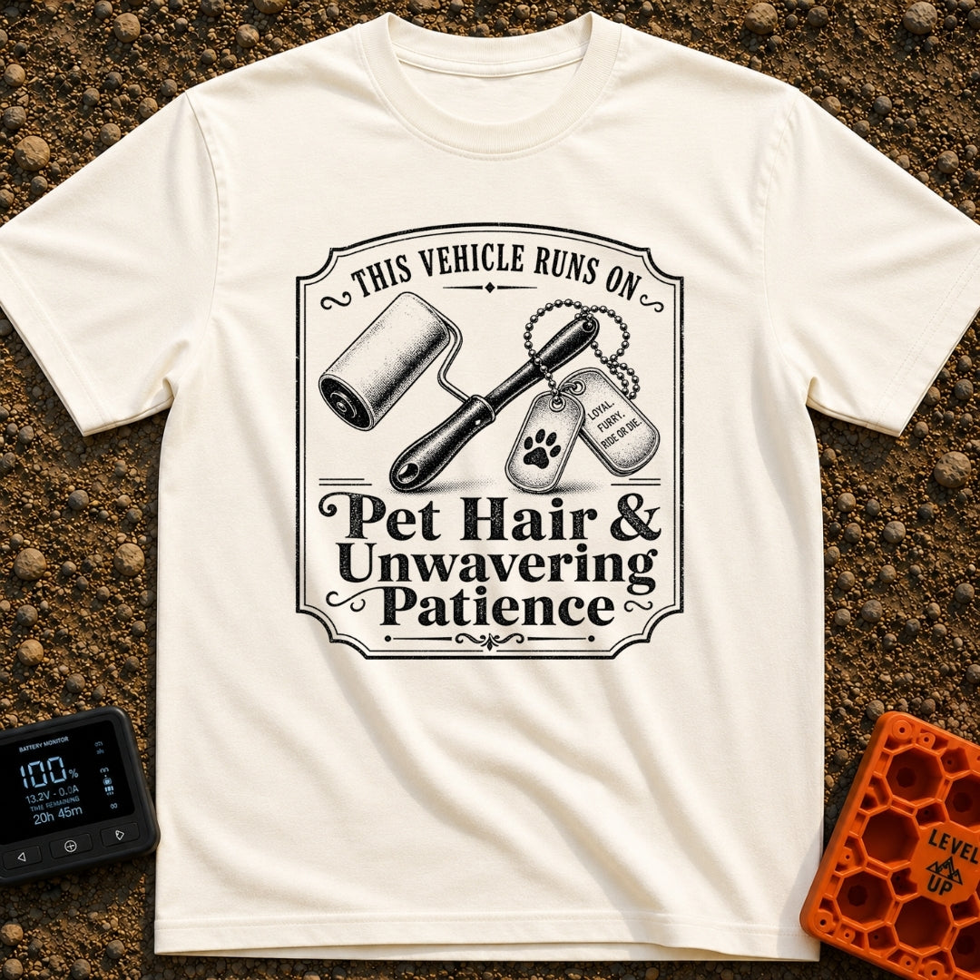 Powered By Pet Hair - T-Shirt in Ivory - A vintage-style black and white illustration featuring a lint roller next to two...