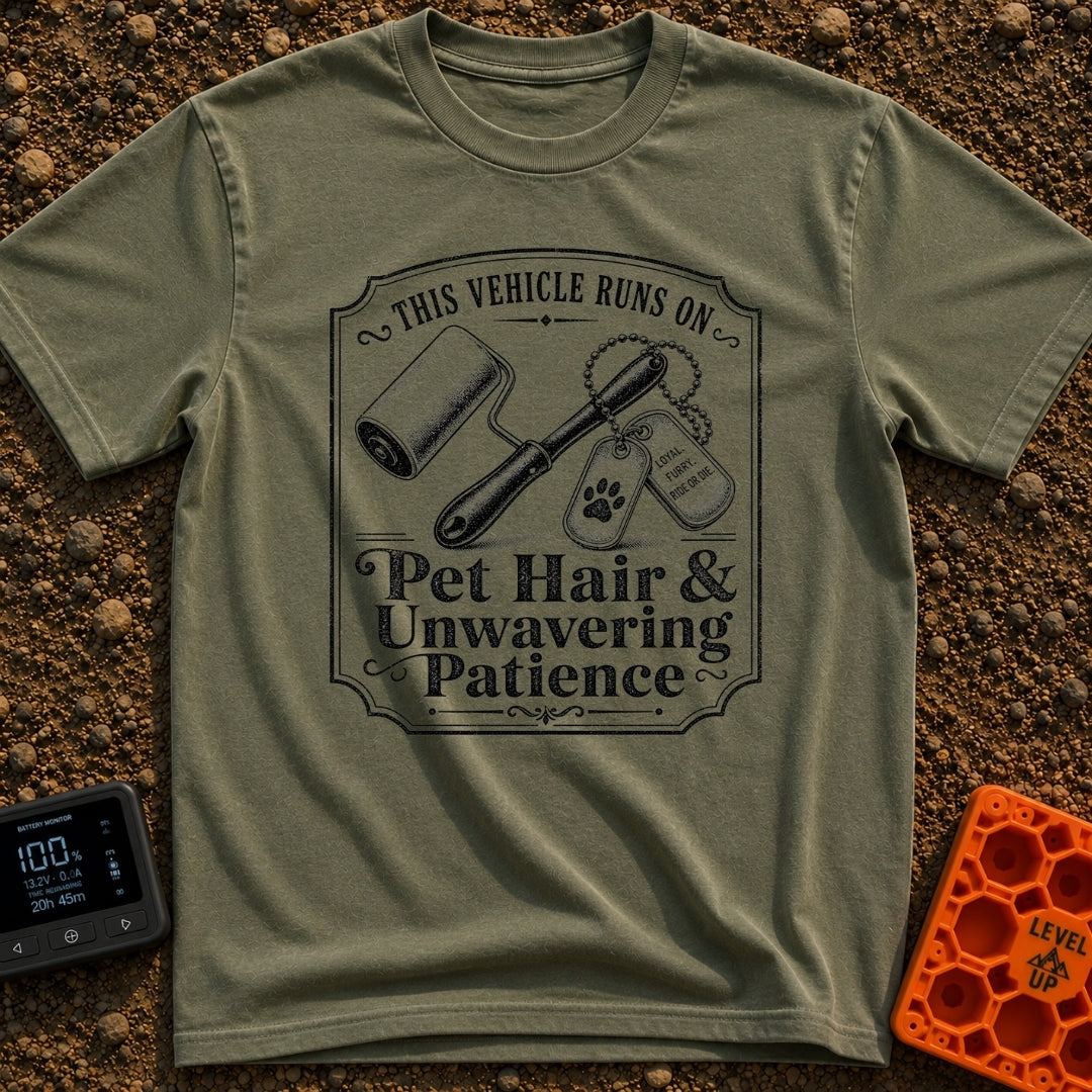 Powered By Pet Hair - T-Shirt in Moss - A vintage-style black and white illustration featuring a lint roller next to two...