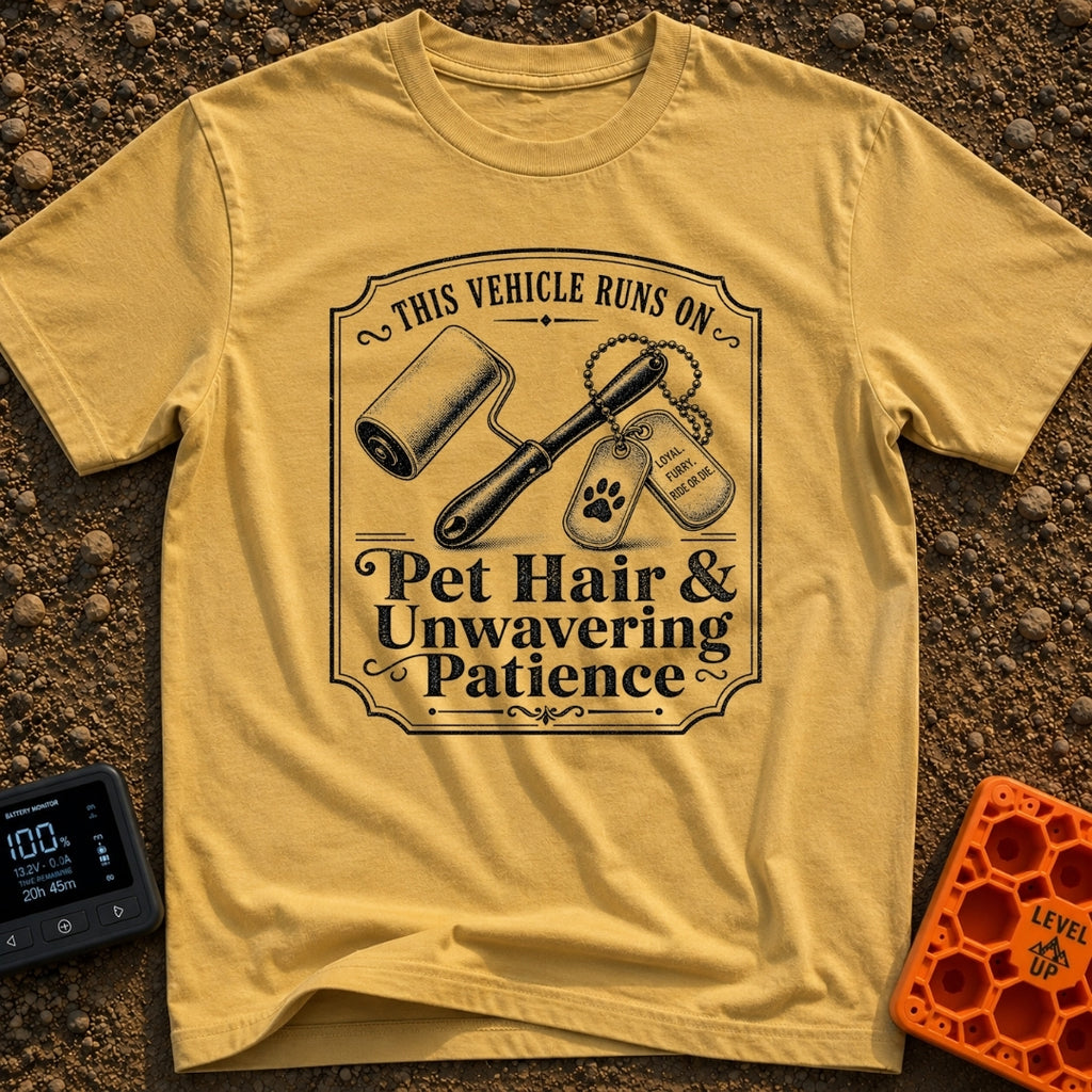 Powered By Pet Hair - T-Shirt in Mustard - A vintage-style black and white illustration featuring a lint roller next to...