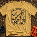 Powered By Pet Hair - T-Shirt in Mustard - A vintage-style black and white illustration featuring a lint roller next to...