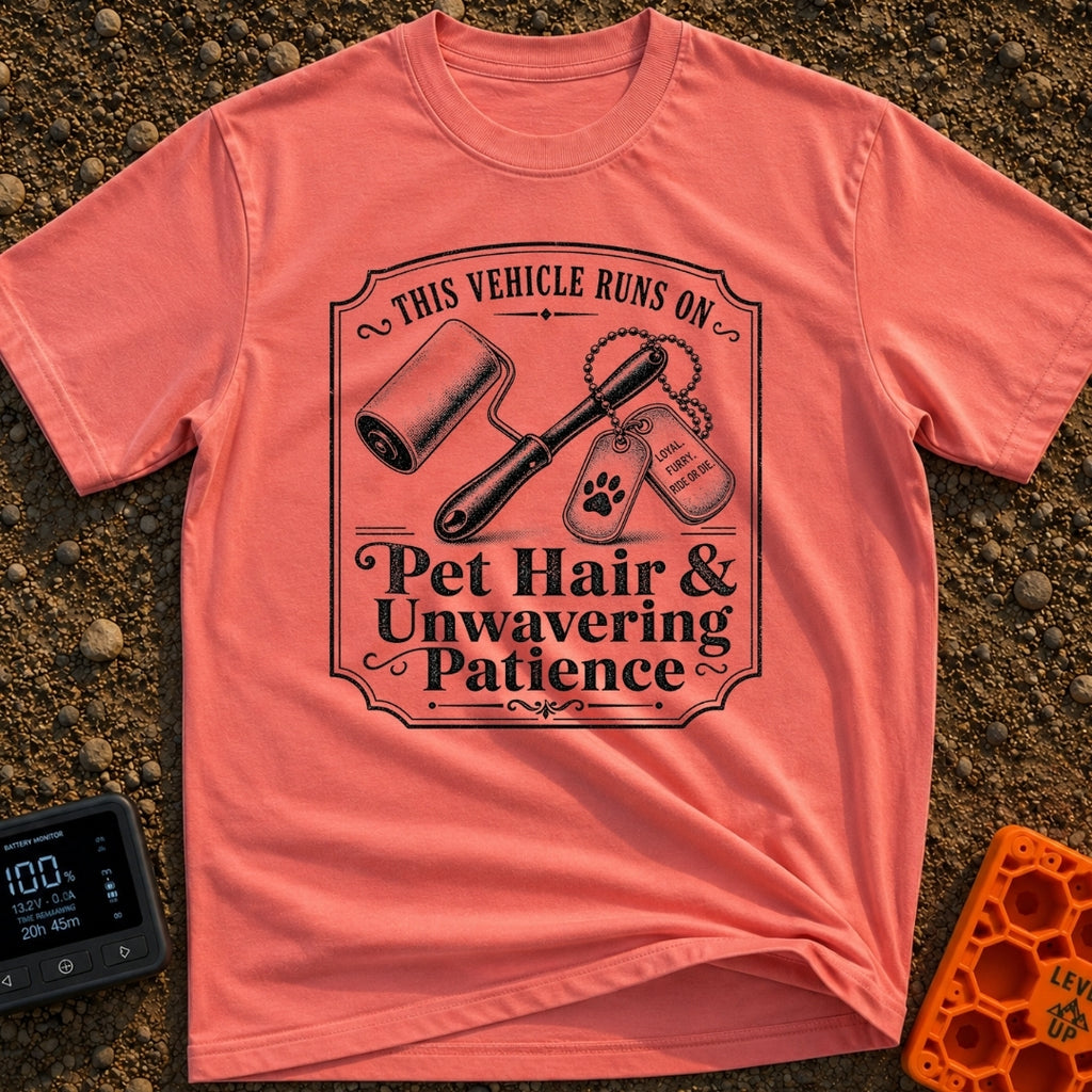 Powered By Pet Hair - T-Shirt in Watermelon - A vintage-style black and white illustration featuring a lint roller next...