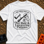 Powered By Pet Hair - T-Shirt in White - A vintage-style black and white illustration featuring a lint roller next to two...