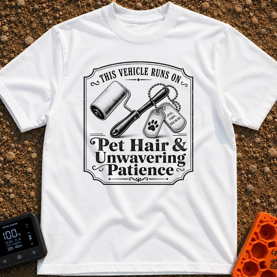 Powered By Pet Hair - T-Shirt in White - A vintage-style black and white illustration featuring a lint roller next to two...