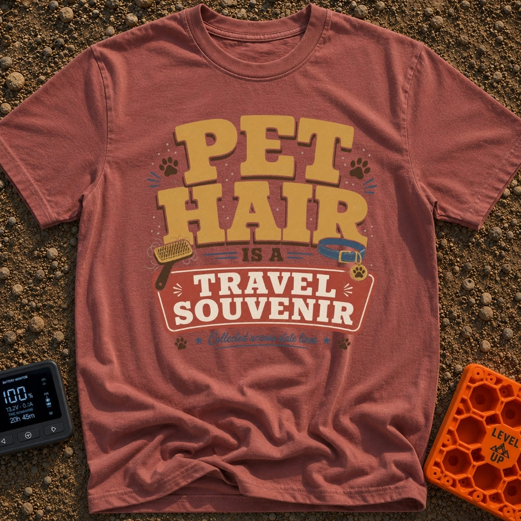 Fur Is A Souvenir - T-Shirt in Brick - A typographic design featuring the text "PET HAIR IS A TRAVEL SOUVENIR" and...
