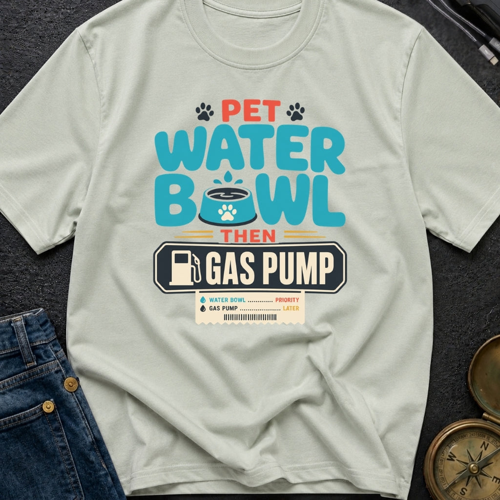 Pet Water Bowl Then Gas Pump - T-Shirt