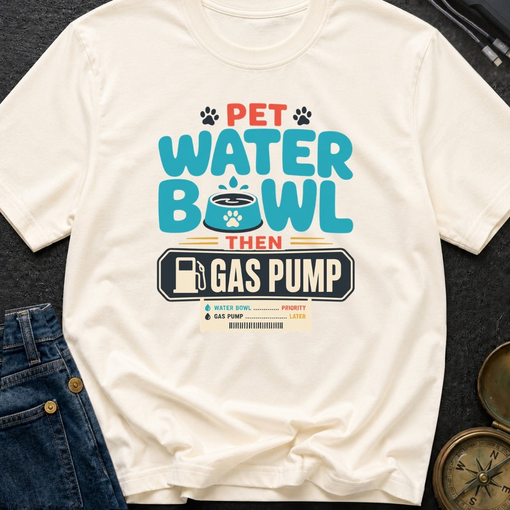 Pet Water Bowl Then Gas Pump - T-Shirt