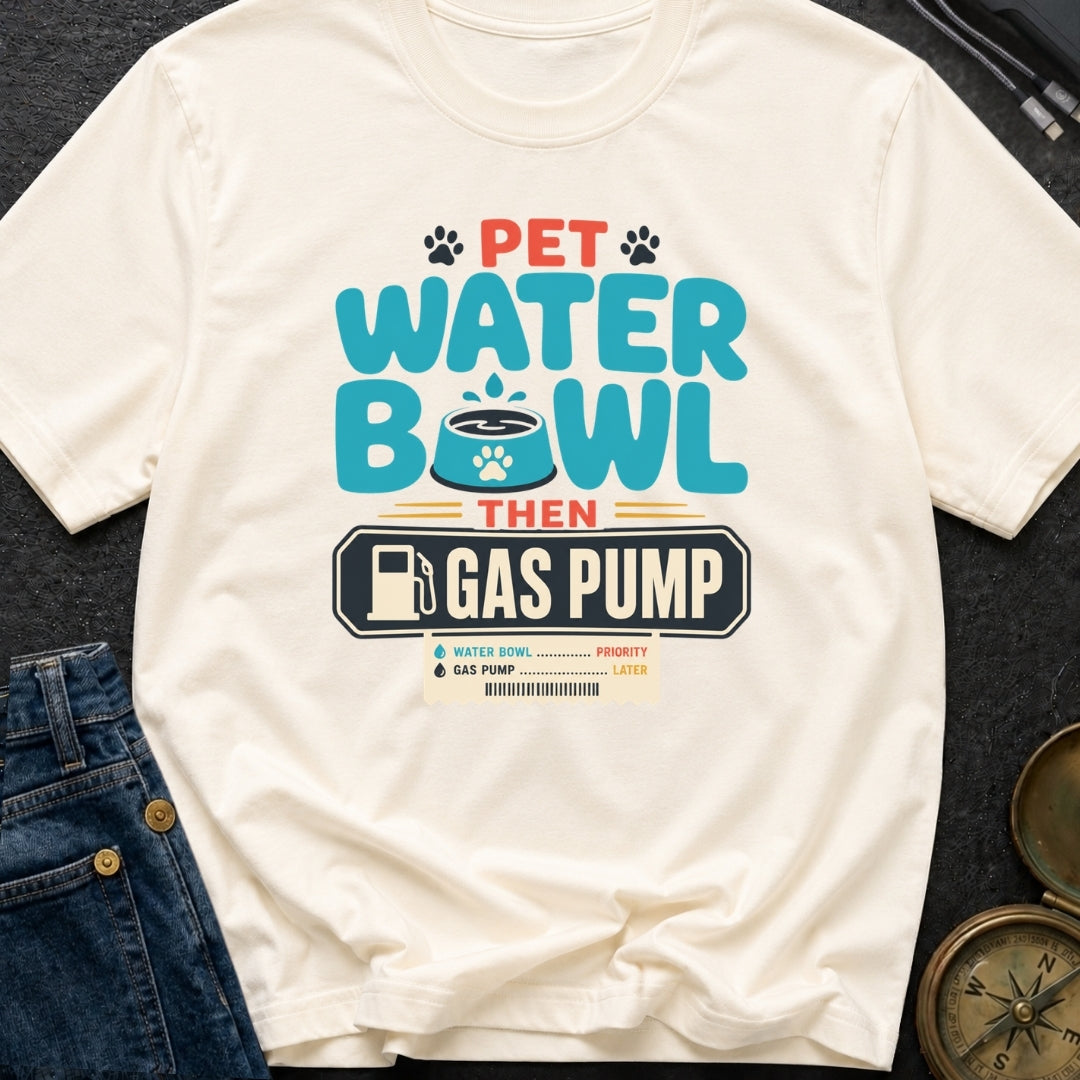 Pet Water Bowl Then Gas Pump - T-Shirt
