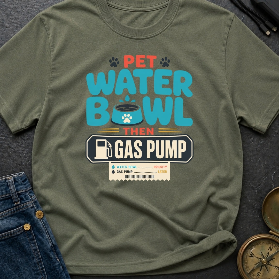 Pet Water Bowl Then Gas Pump - T-Shirt