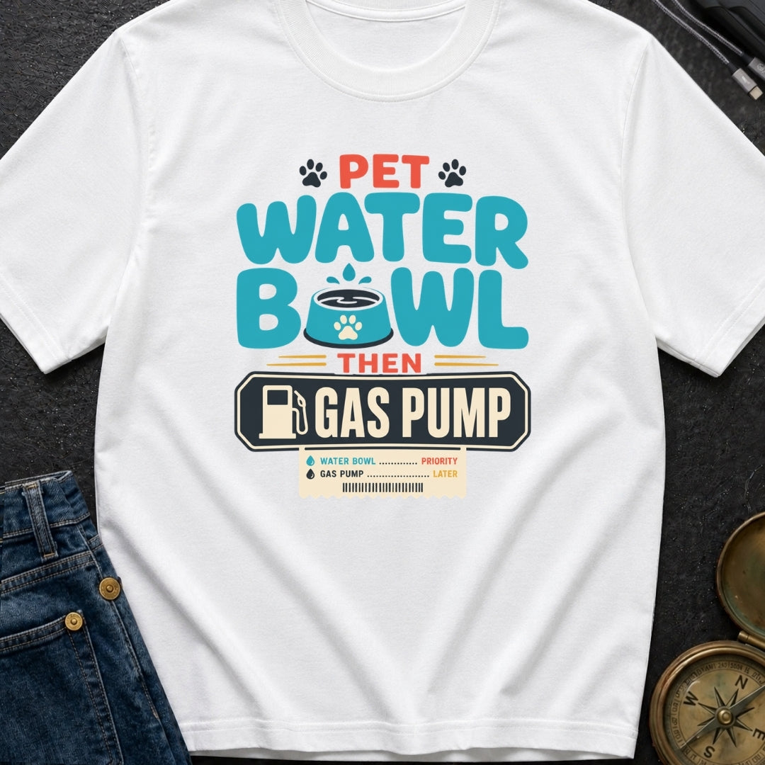 Pet Water Bowl Then Gas Pump - T-Shirt