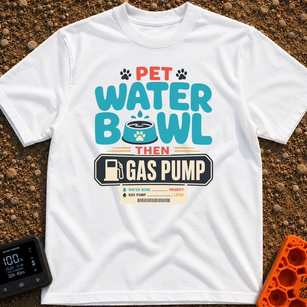 Paws First Gas Later - T-Shirt in White - Typographic artwork reading "Pet Water Bowl Then Gas Pump" featuring a blue pet...