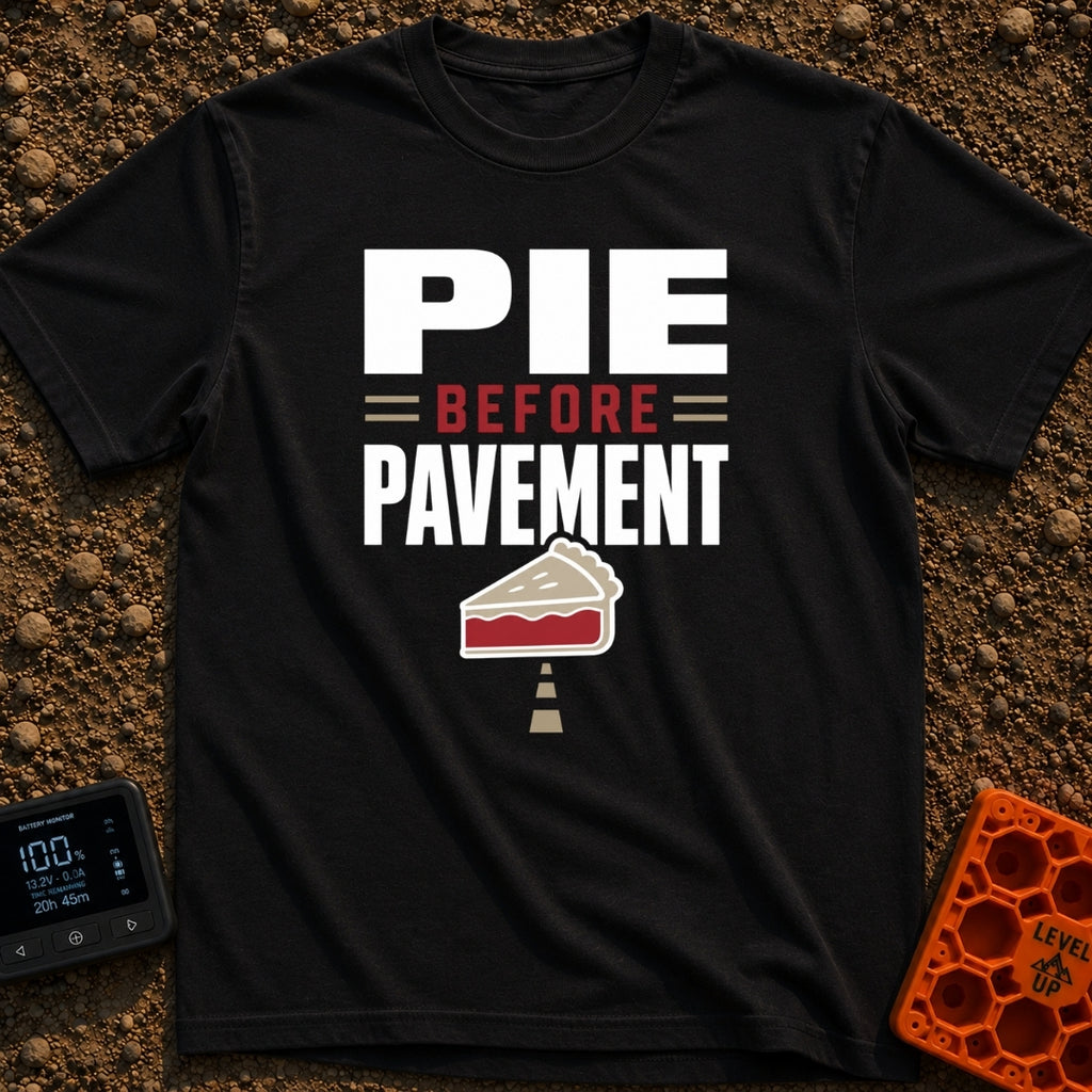 Pie Over Pavement - T-Shirt in Black - A typographic design reading "PIE = BEFORE = PAVEMENT" above an illustration of a...