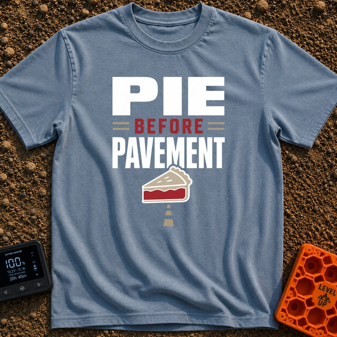 Pie Over Pavement - T-Shirt in Blue Jean - A typographic design reading "PIE = BEFORE = PAVEMENT" above an illustration...