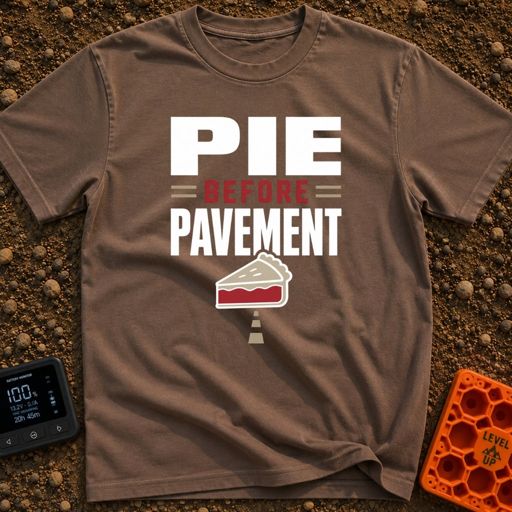 Pie Over Pavement - T-Shirt in Espresso - A typographic design reading "PIE = BEFORE = PAVEMENT" above an illustration of...
